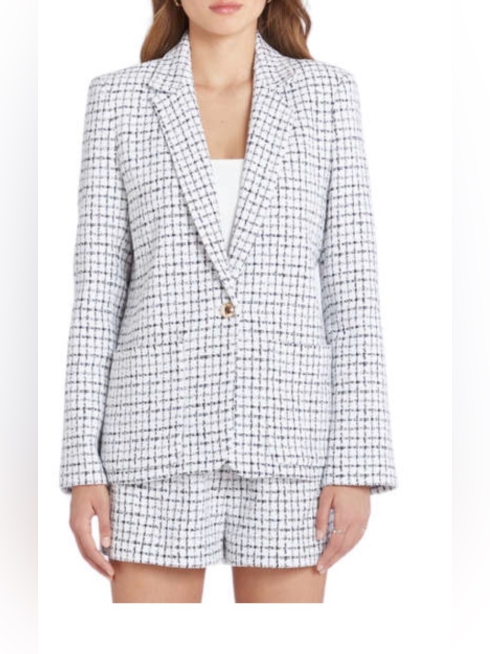 Amanda Uprichard Brenton Blazer| Black & White Tweed Plaid Tailored Jacket